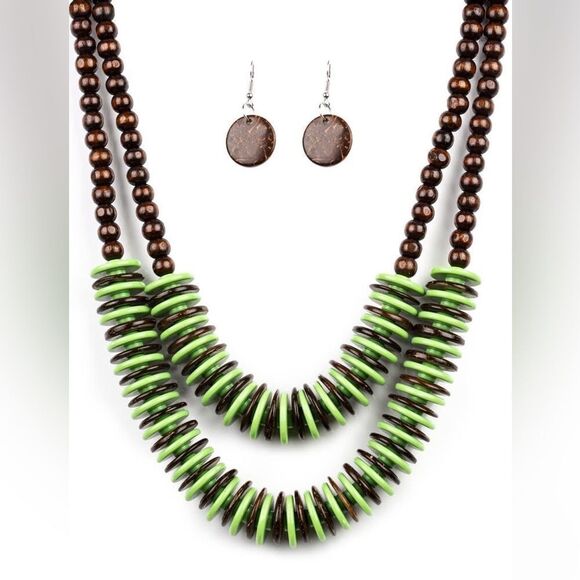 Set!! Wooden/acrylic green and brown necklace - Picture 1 of 1